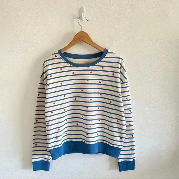 NWOT PACT White Red Heart Print Blue Stripe Organic Cotton Sweatshirt Sz Small - Picture 1 of 8